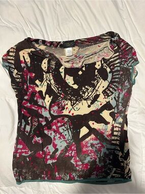 Christian Lacroix Short Sleeve Abstract Print Top in Brown, Beige, Pink, Teal